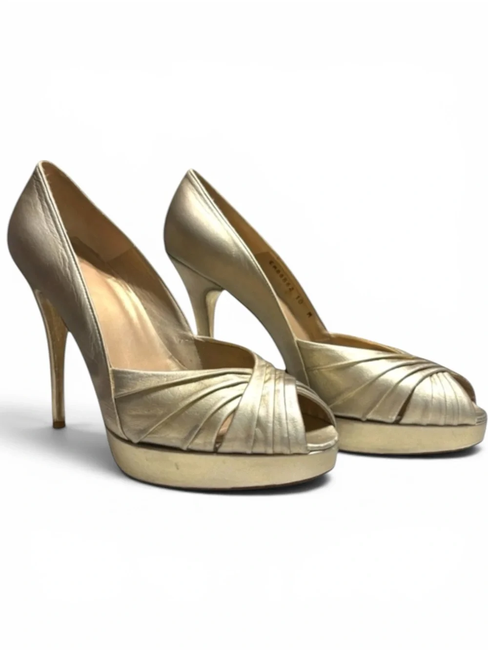 Stuart Weitzman Vintage Scoop NYC Metallic Gold Leather Platform Peep Toe Heels